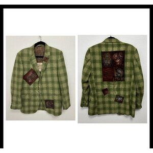 VTG 90s Bluefish Green Plaid Patchwork Longline Blazer Jacket Art To Wear L/ XL